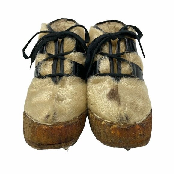 Petite Little Eskimo Womens Booties Beige Fur Hair Lace Up Shearling Vintage 7 - Picture 4 of 8